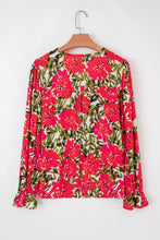 Cargar imagen en el visor de la galería, Red Floral Print Lace up V Neck Flounce Sleeve Blouse
