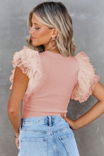 Load image into Gallery viewer, Pink Dotty Mesh Ruffle Sleeve Ribbed Knit Top
