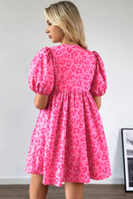 Load image into Gallery viewer, Rose Leopard Puff Sleeve Tie Front High Waist Mini Dress
