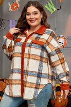 Cargar imagen en el visor de la galería, Brown Stripe Plus Size Plaid Print Collared Buttoned Jacket
