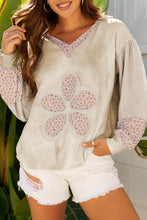 Load image into Gallery viewer, Beige Floral Patched Waffle Textured Colorblock V Neck Casual Hooded Top
