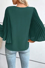 Load image into Gallery viewer, Blackish Green 3/4 Pleated Bell Sleeve V Neck Blouse
