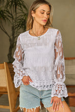 Load image into Gallery viewer, Beige Embroidered Mesh Flounce Sleeve Blouse
