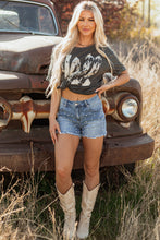 Load image into Gallery viewer, Dusk Blue Pearl Beaded Raw Hem Medium Wash Denim Shorts
