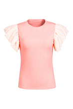 Load image into Gallery viewer, Pink Dotty Mesh Ruffle Sleeve Ribbed Knit Top
