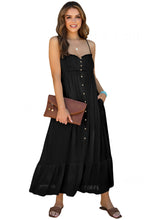 Cargar imagen en el visor de la galería, Black Spaghetti Straps Smocked Front Slit Buttoned Dress
