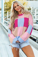 Cargar imagen en el visor de la galería, Rose Red Color Block Drop Shoulder Crewneck Loose Fit Sweater
