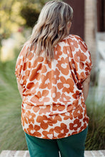 Cargar imagen en el visor de la galería, Orange Plus Size Floral Print Drawstring V Neck Short Sleeve Blouse
