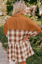 Load image into Gallery viewer, Khaki Plaid Color Block Patchwork Ruffle Hem Tunic Shirt Dress
