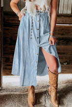 Load image into Gallery viewer, Mist Blue Fully Buttoned Long Denim Skirt
