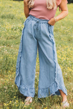 Load image into Gallery viewer, Myosotis Light Wash Raw Hem Ruffled Wide Leg Jeans
