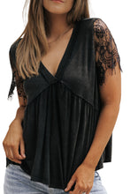 Cargar imagen en el visor de la galería, Black Eyelash Lace Sleeve V Neck Ruffle Babydoll Top
