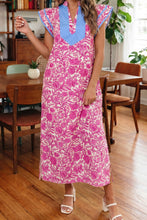 Load image into Gallery viewer, Pink Floral Print Color Block Patchwork V Neck Short Sleeve Midi Dress
