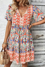 Load image into Gallery viewer, Orange Bohemian Print Tie Neck Ruffle Hem Short Dress
