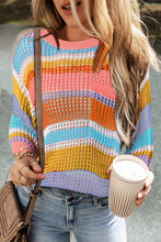 Load image into Gallery viewer, Pink Stripe Colorblock Hollowed Crochet 3/4 Sleeve Sweater
