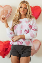 Cargar imagen en el visor de la galería, Pink Heart Leopard Print Pearled Ribbed Trim Fuzzy Sweater
