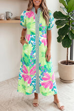 Load image into Gallery viewer, Green Stripe Floral Print Striped Trim Button Down Short Sleeve Vacation Dress
