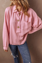 Load image into Gallery viewer, Pink Ribbed Knit Collared Henley Top with Chest Pocket
