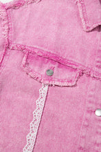 Load image into Gallery viewer, Pink Lace Patchwork Distressed Buttoned Denim Jacket
