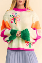 Load image into Gallery viewer, Beige Colorblock Flower Print Cable Knit Loose Sweater
