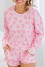 Cargar imagen en el visor de la galería, Pink Valentine Heart Shape Print Long Sleeve Top Shorts Lounge Set
