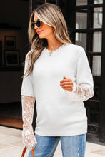 Load image into Gallery viewer, Beige Lace Sleeve Patchwork Faux Two-piece Fuzzy Sweater
