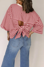 Cargar imagen en el visor de la galería, Red Stripe Bowknot Cutout Back Drop Shoulder Wide Bracelet Sleeve Loose Tee
