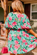 Load image into Gallery viewer, Green Floral Bubble Sleeve Surplice Ruffled Plus Size Dress
