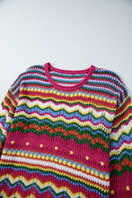 Cargar imagen en el visor de la galería, Rose Red Colorblock Striped Hollowed Knit Loose Sleeve Sweater
