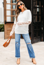 Load image into Gallery viewer, Beige Lace Sleeve Patchwork Faux Two-piece Fuzzy Sweater
