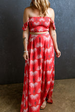 Cargar imagen en el visor de la galería, Red Floral Shirred Off Shoulder Crop Top and Slit Maxi Skirt Set
