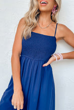 Cargar imagen en el visor de la galería, Navy Blue Spaghetti Straps Smocked Ruffled Wide Leg Jumpsuit
