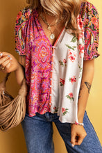 Load image into Gallery viewer, Multicolour Boho Floral Patchwork Buttoned Short Sleeve Blouse
