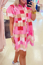 Load image into Gallery viewer, Pink Plaid Print Puff Sleeve Buttoned Tiered Dress
