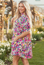 Load image into Gallery viewer, Pink Floral Puff Short Sleeve V Neck Mini Dress
