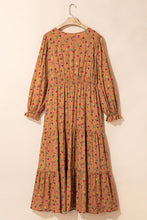 Load image into Gallery viewer, Brown Plus Size Floral Split V Neck Ruffled Sleeve Tiered Maxi Dress
