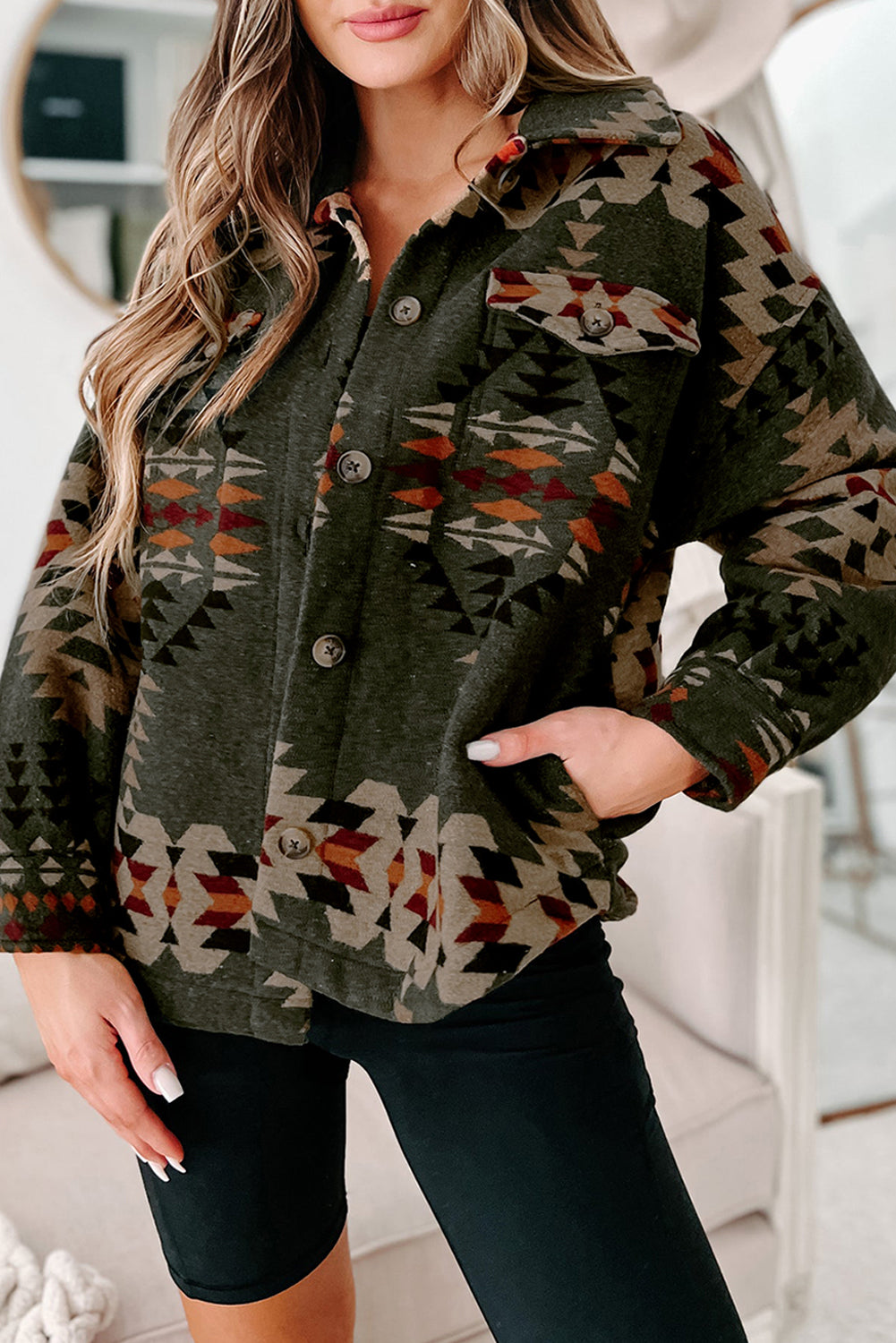 Green Aztec Print Flap Pockets Long Sleeve Shacket