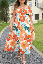 Cargar imagen en el visor de la galería, Orange Plus Size Flower Print Shirred Square Neck Maxi Dress
