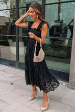 Load image into Gallery viewer, Black Lace Smocked Bodice Sleeveless Midi Dress
