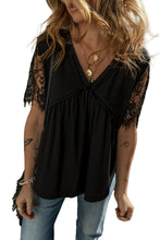 Cargar imagen en el visor de la galería, Black Eyelash Lace Sleeve V Neck Ruffle Babydoll Top
