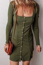 Cargar imagen en el visor de la galería, Guacamole Green Rib Knit Square Neck Buttoned Long Sleeve Mini Dress
