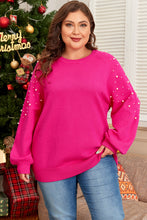 Cargar imagen en el visor de la galería, Strawberry Pink Pearled Decor Raglan Sleeve Plus Size Sweater
