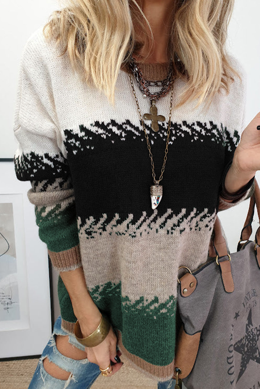 Black Stylish Color Block Pattern Drop Shoulder Sweater
