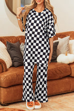 Cargar imagen en el visor de la galería, Black Checkered Print Half Sleeve Tunic Top and Flared Pants Set
