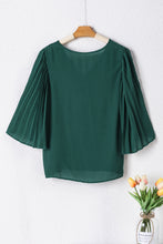 Load image into Gallery viewer, Blackish Green 3/4 Pleated Bell Sleeve V Neck Blouse
