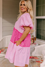 Load image into Gallery viewer, Pink Ricrac Block Accent Puff Short Sleeve Flowy Plus Dress
