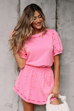 Load image into Gallery viewer, Pink Contrast Bow Trim Pearl Puff Sleeve Blouse and Skort 2pcs Set

