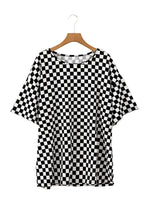 Load image into Gallery viewer, Black Checkered Print Side Slits O Neck Plus Size T Shirt
