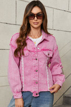 Load image into Gallery viewer, Pink Lace Patchwork Distressed Buttoned Denim Jacket
