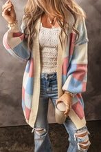 Load image into Gallery viewer, Light Blue Checkered Drop Shoulder Exposed Seam Open Front Cardigan
